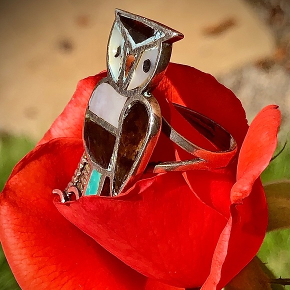 ⭐️💲SOLD💲⭐️ Vintage Sterling Silver & Stones Navajo Owl Ring - Picture 11 of 16